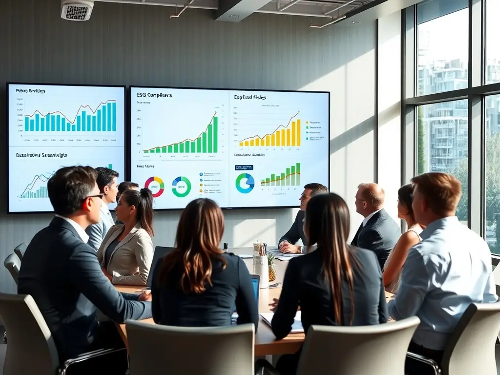 Professionals discussing ESG compliance strategies in a boardroom.