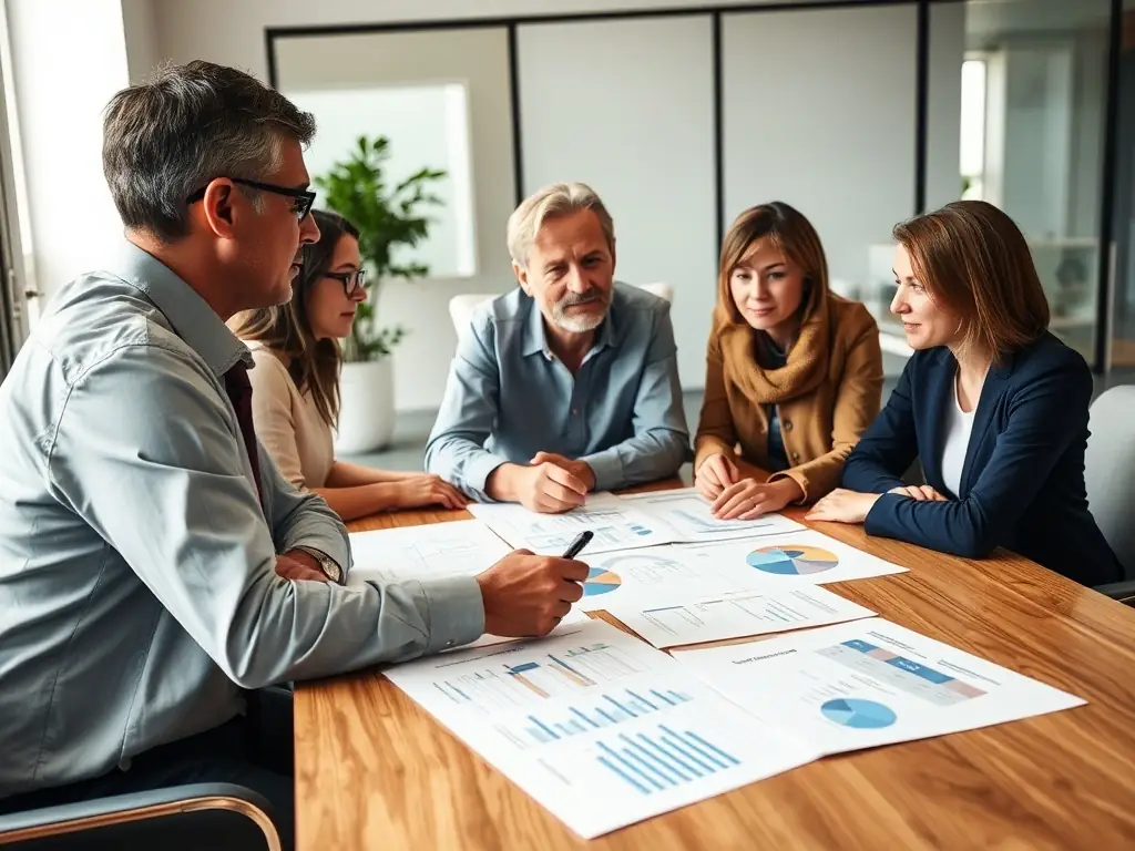 A consultant guiding a family through succession planning with charts and documents.